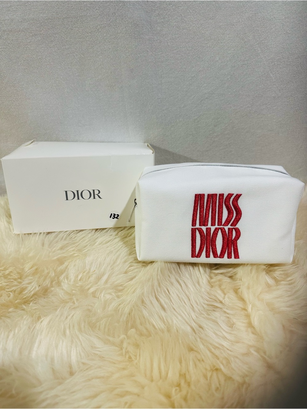 💕Dior Miss Dior White Cosmetic Bag with Red Logo Embroidery